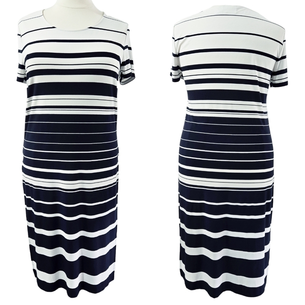 Chico's Navy Blue White Knit Kit Altering Stripe Long Top Tunic Stretch Beachy